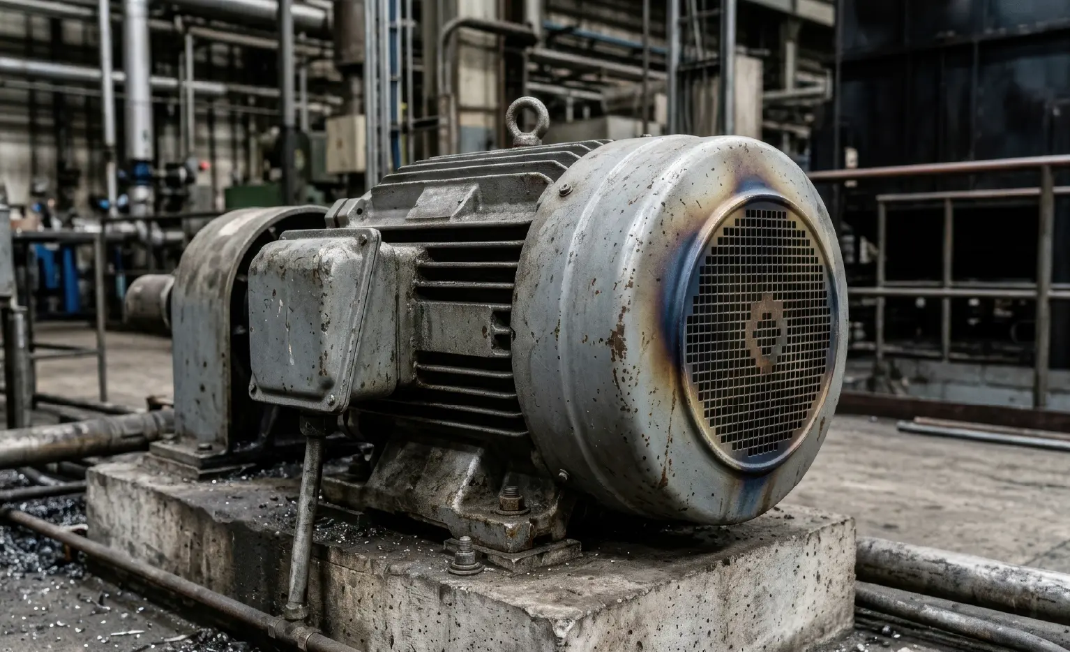 Heavy duty machine with heat discoloration on metal casing.