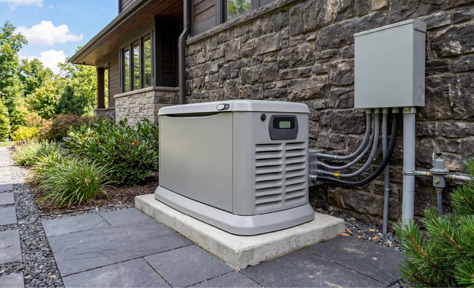 Modern standby home generator installed outside a residential house