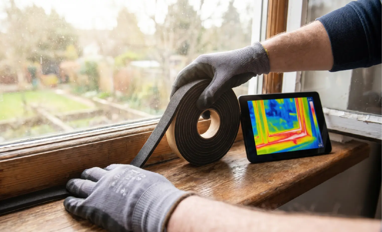 Worker applying weather stripping to a wooden window frame with a thermal imaging camera nearby