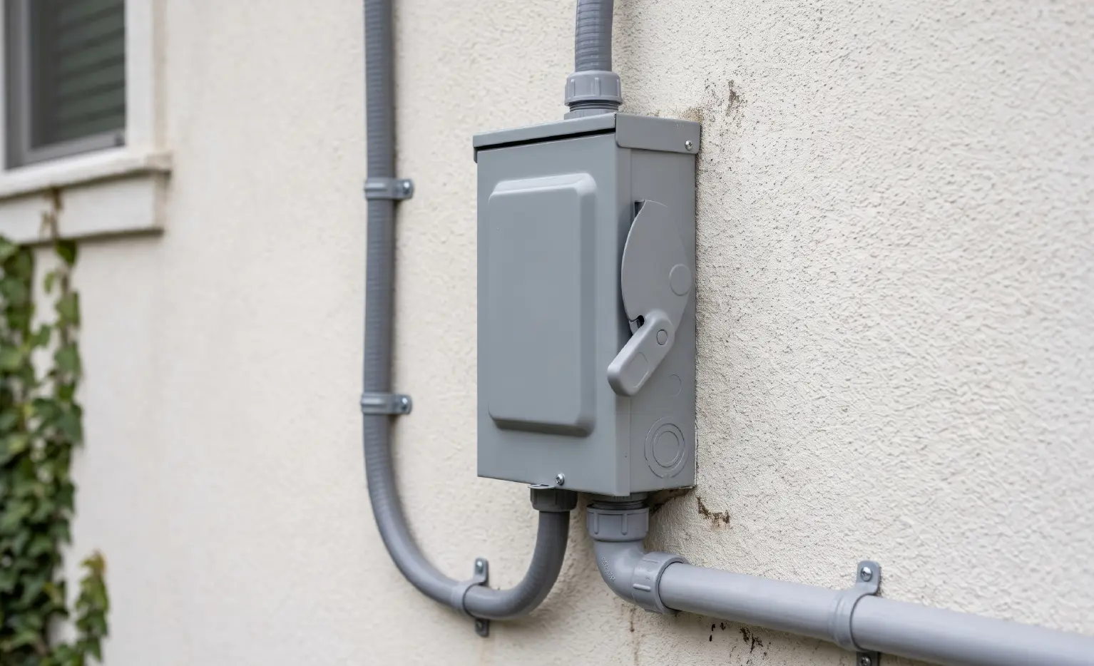Residential electrical disconnect box with solar conduit on exterior wall for home energy systems