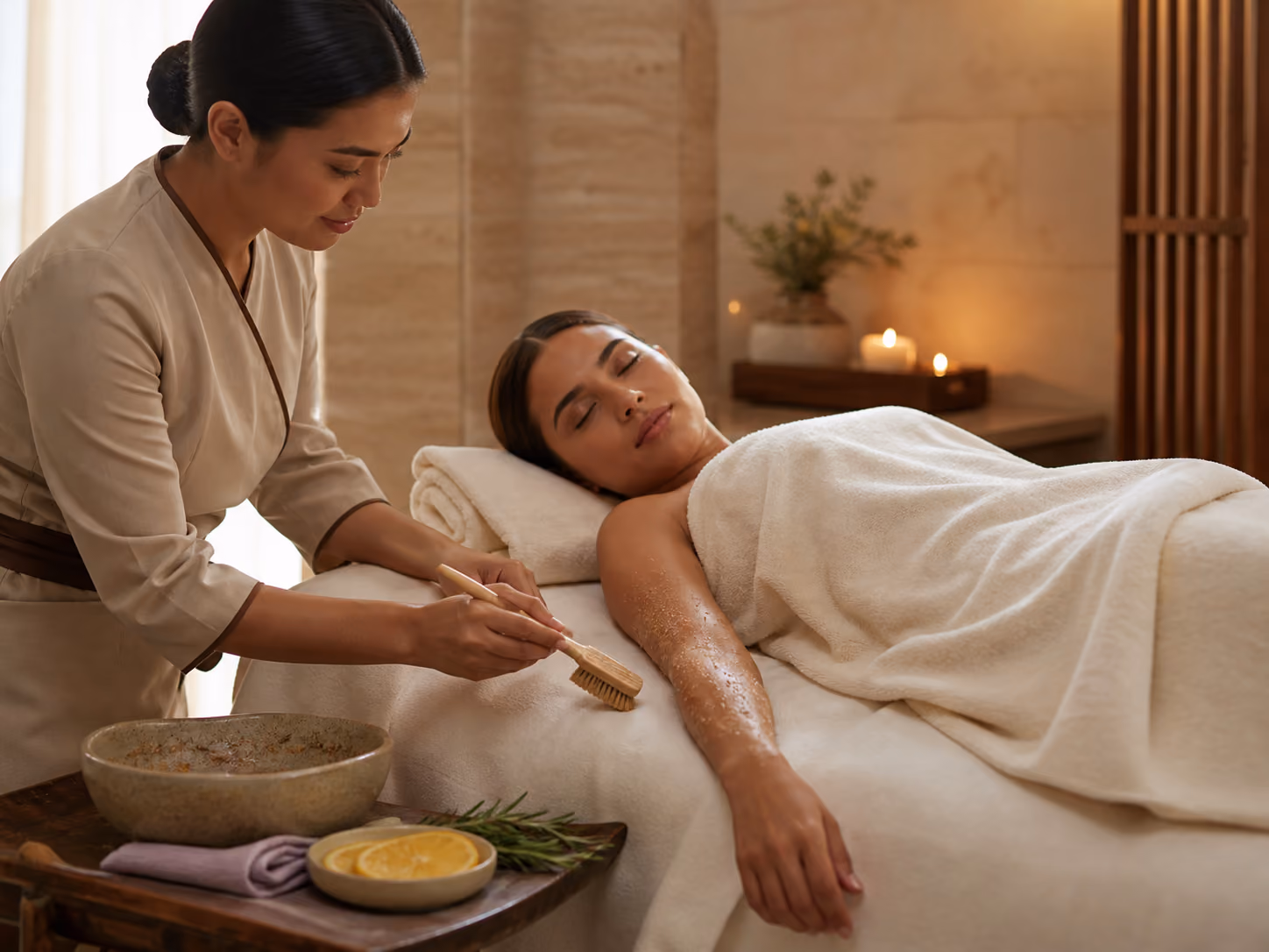 Spa therapist applying a botanical sugar scrub to a guest's arm