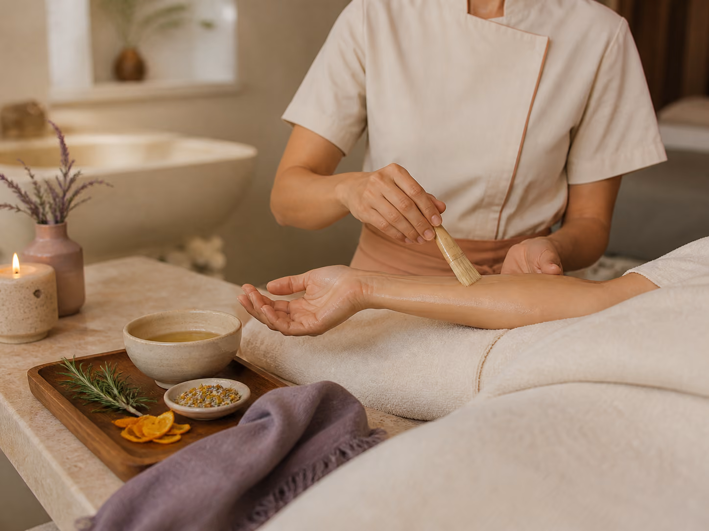 Spa therapist applying warm botanical oil during a restorative ritual