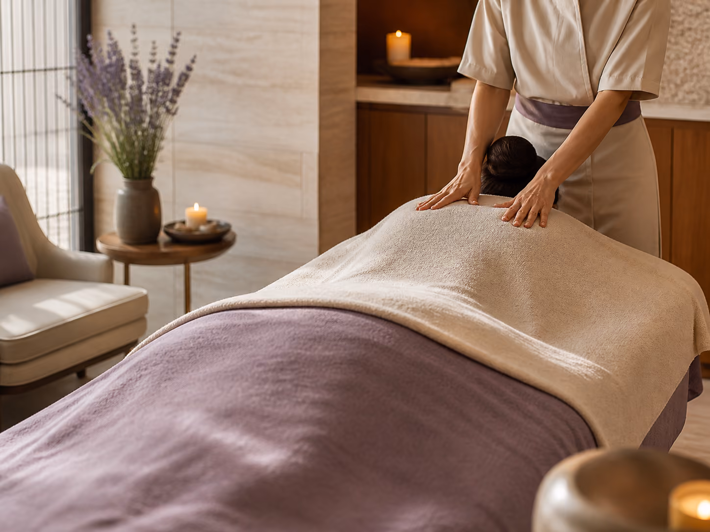 Spa therapist performing a fully draped deep tissue shoulder treatment