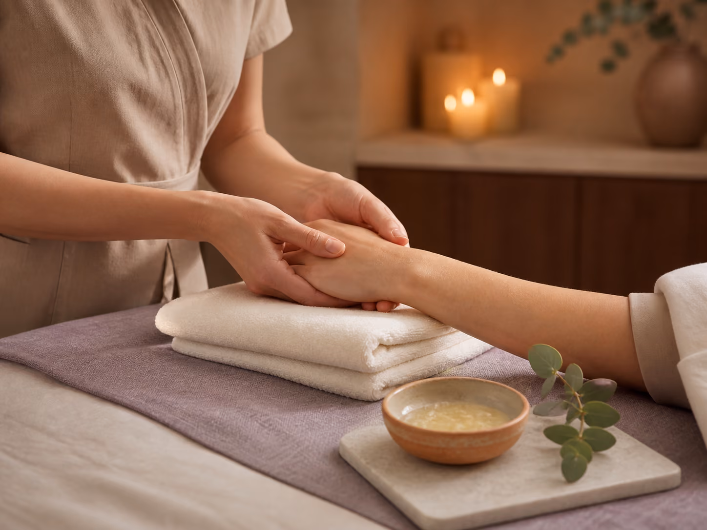 Spa therapist performing the restorative Riverwalk Hand Ritual