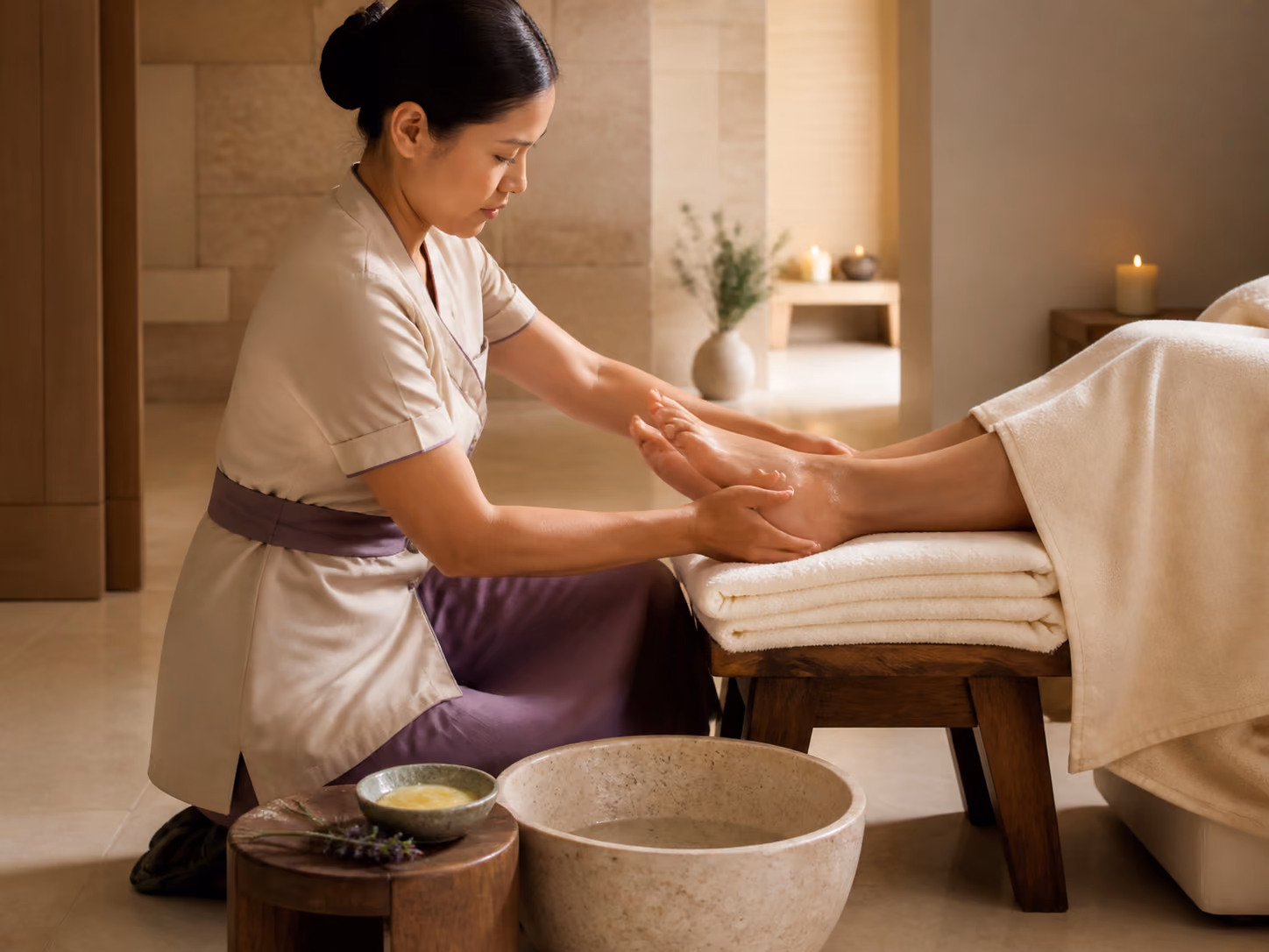 Spa therapist performing a premium foot exfoliation ritual