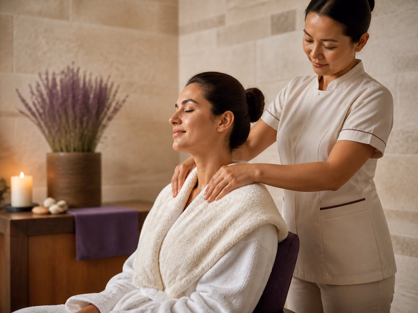 Spa therapist performing focused neuromuscular neck and shoulder work