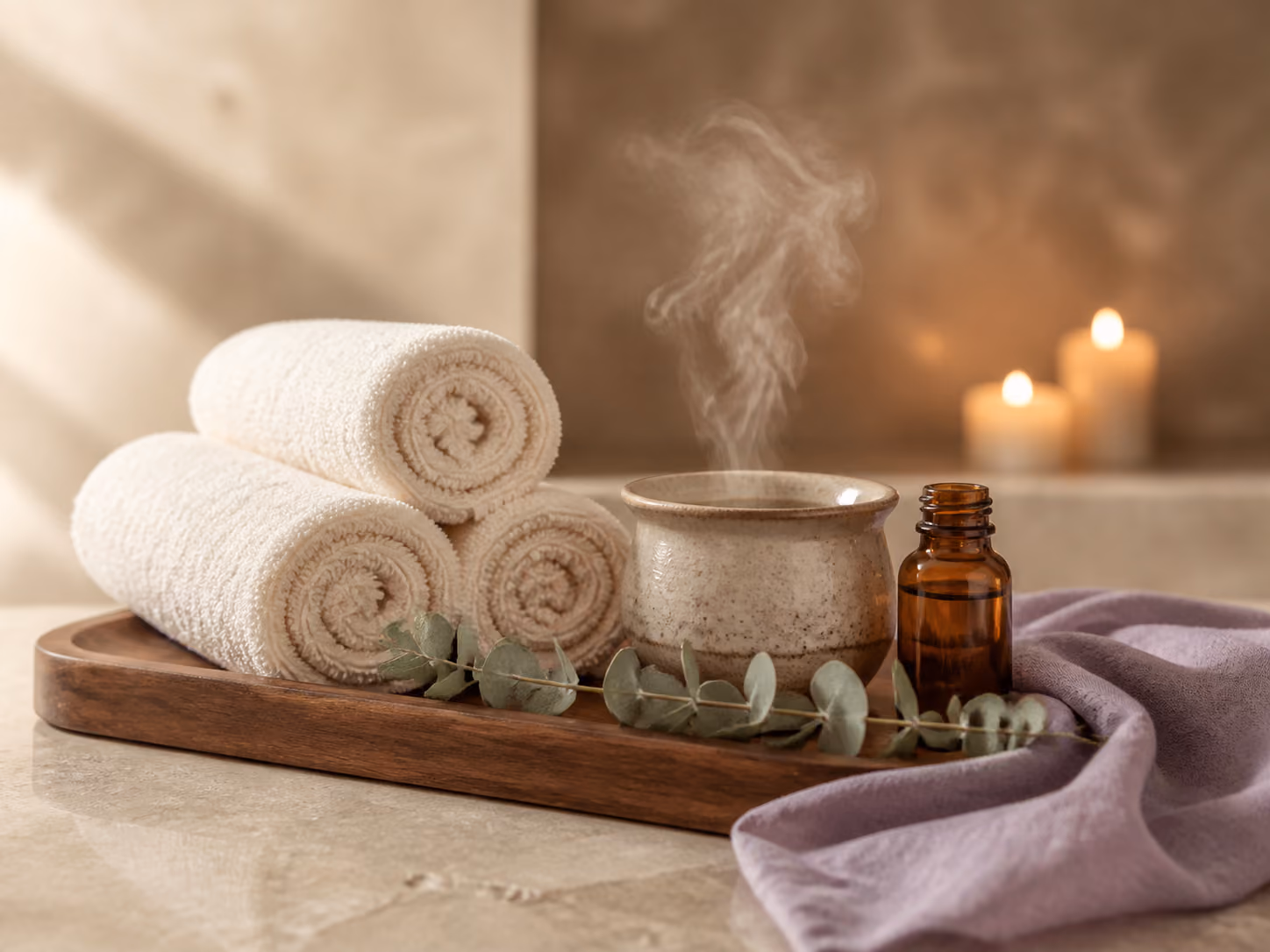 Warm aromatic ivory towels with botanical oil and a steaming ceramic bowl