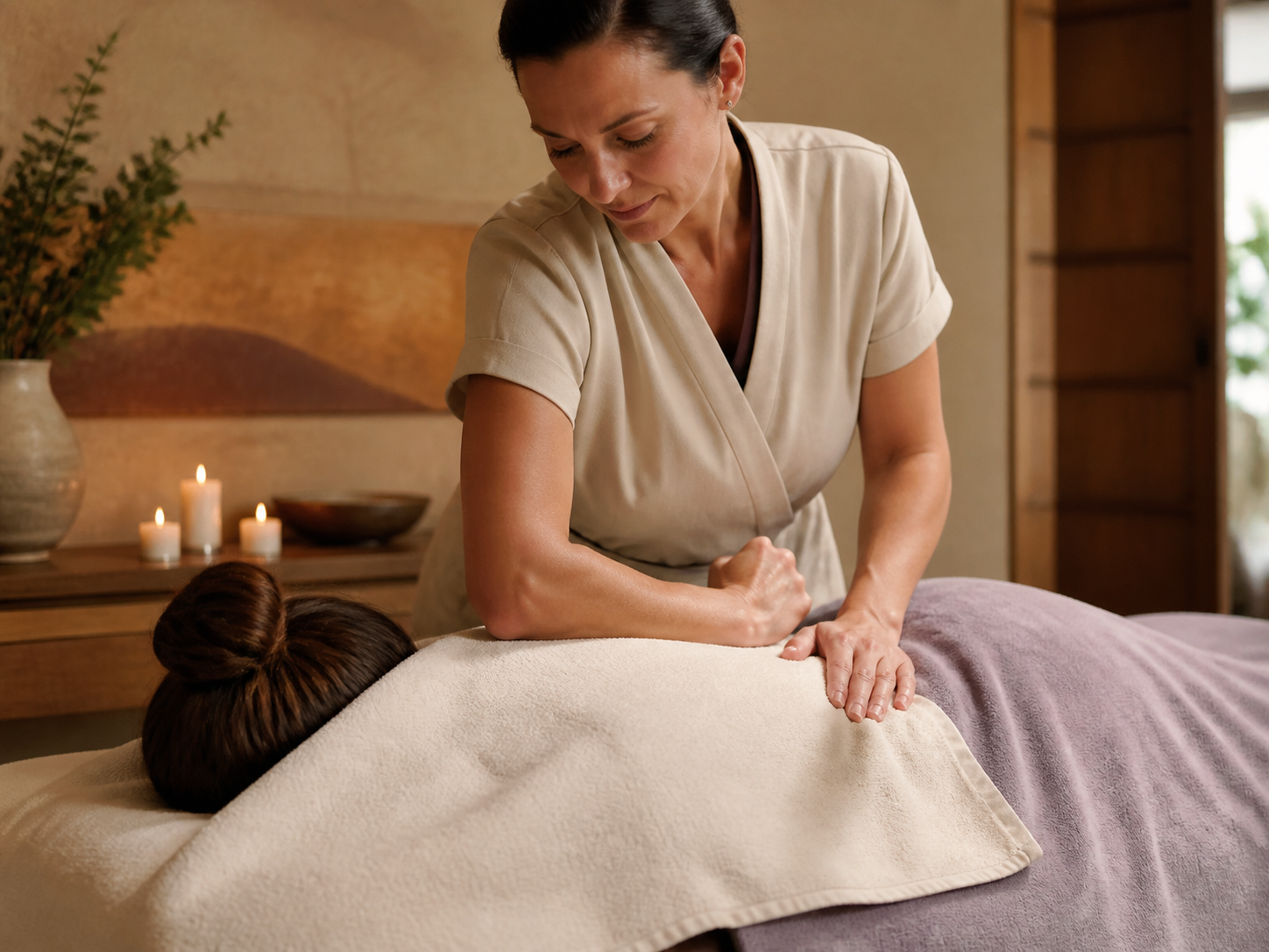 Spa therapist performing precise myofascial work over an ivory towel