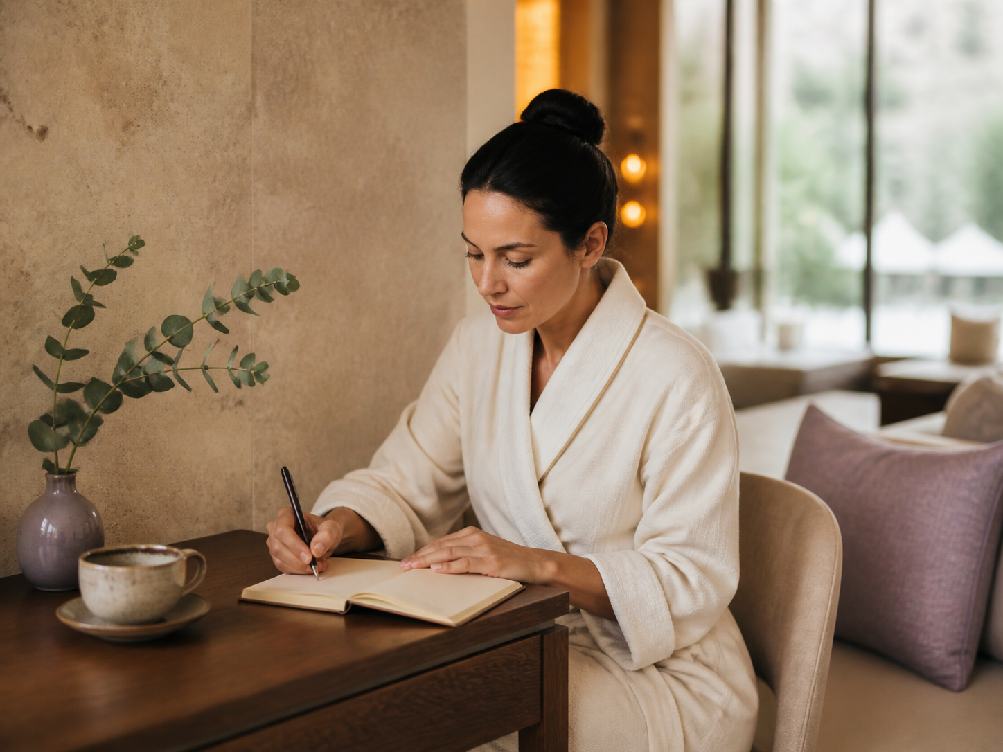 Spa guest journaling in a premium DASA Spa lounge with warm limestone, walnut, and muted lavender accents
