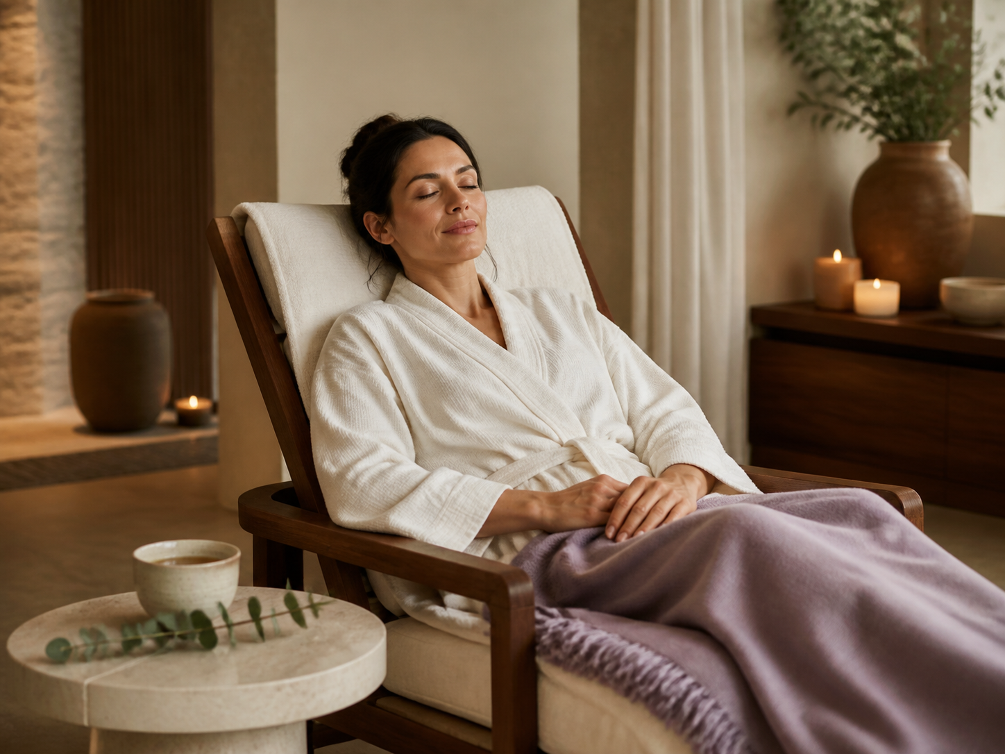 Guest resting mindfully in a premium DASA Spa relaxation lounge with ivory linens and lavender accents
