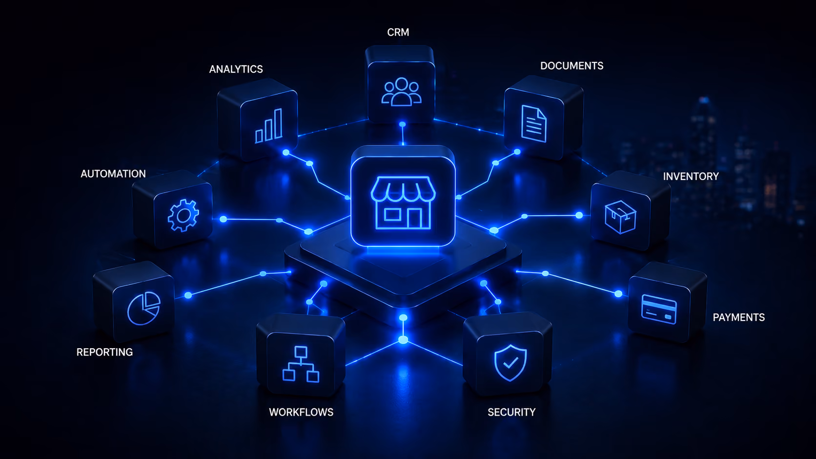 Modular business software marketplace connecting reusable application building blocks through a central platform.