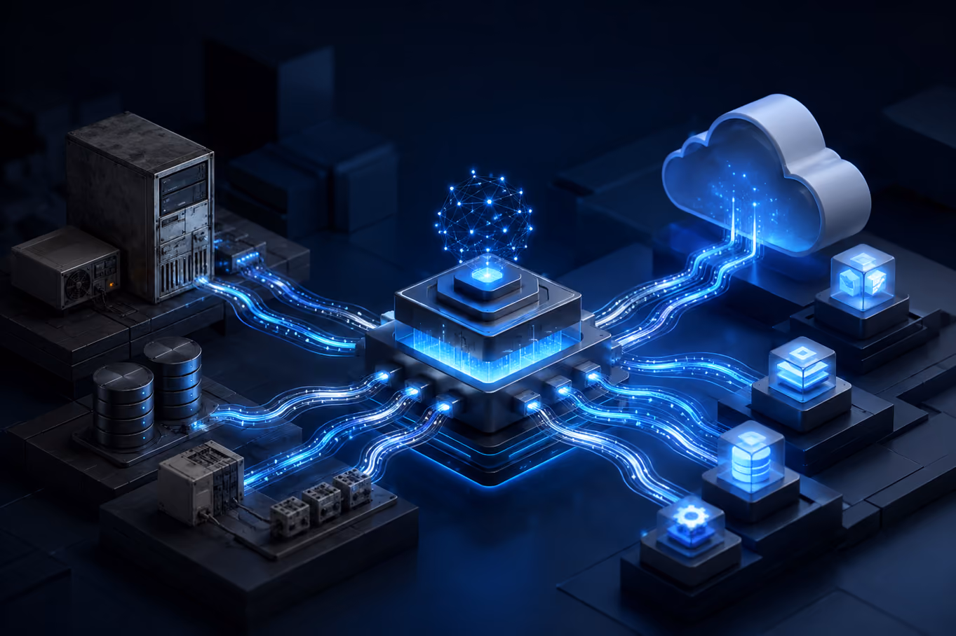 Connected data flows linking a local legacy ERP system with modern cloud applications.