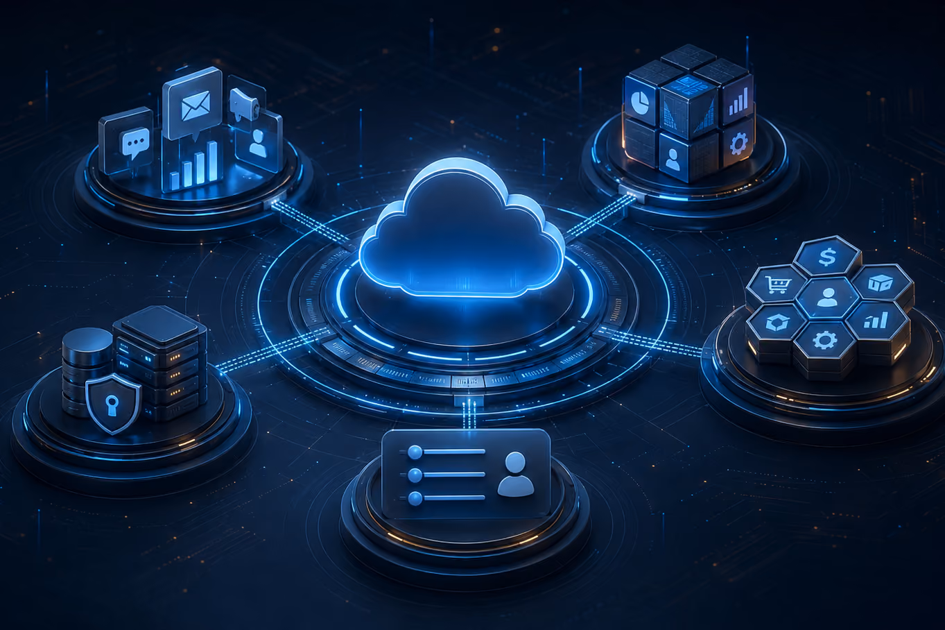 Business decision-maker comparing five connected CRM platform approaches.