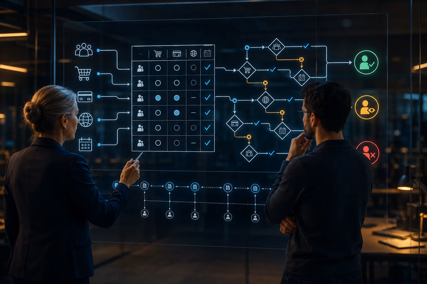Shared governed business rules connecting decision logic across several applications.