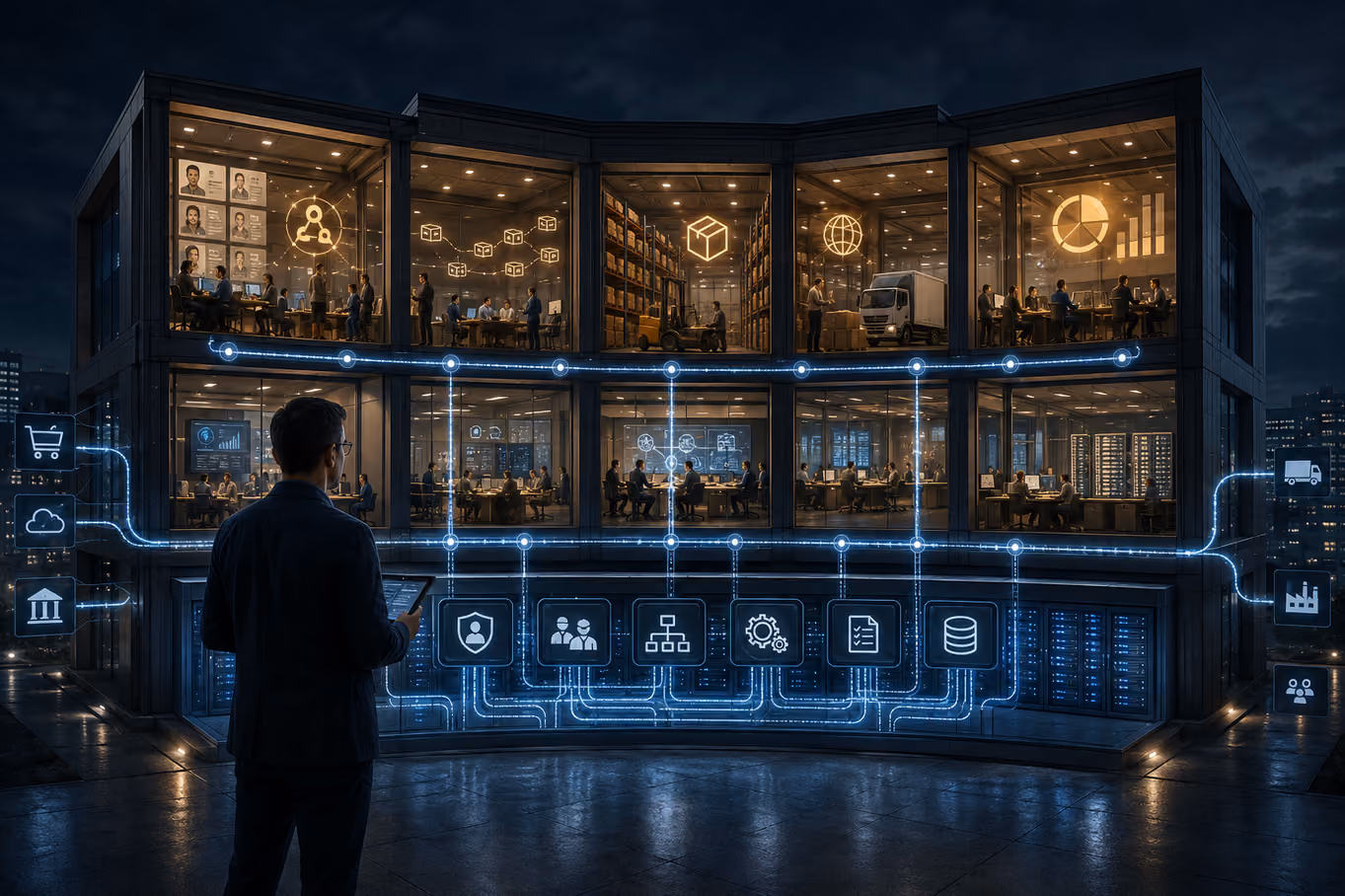 Connected modular ERP building sharing one common digital platform foundation.