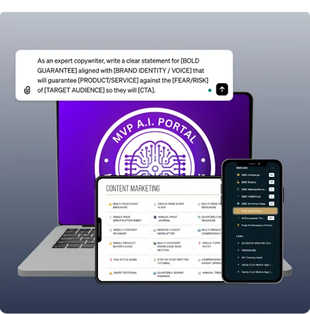 MVP AI Portal mockup across laptop and mobile devices