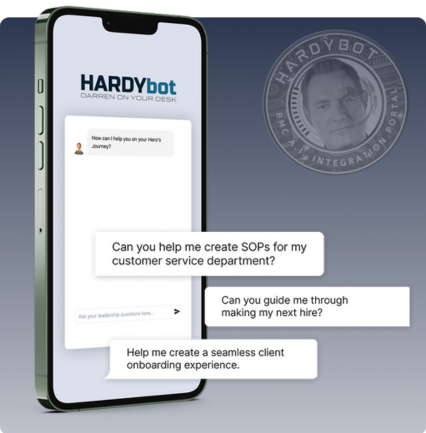 HARDYbot chat mockup on a phone
