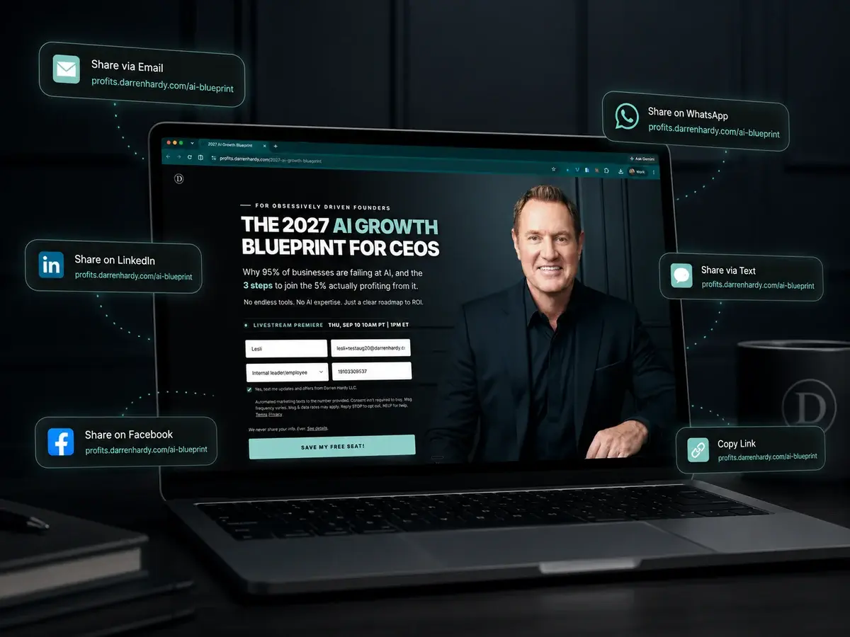 The 2027 AI Growth Blueprint page open on a laptop, ringed by share options for email, WhatsApp, LinkedIn, text, Facebook and copy link