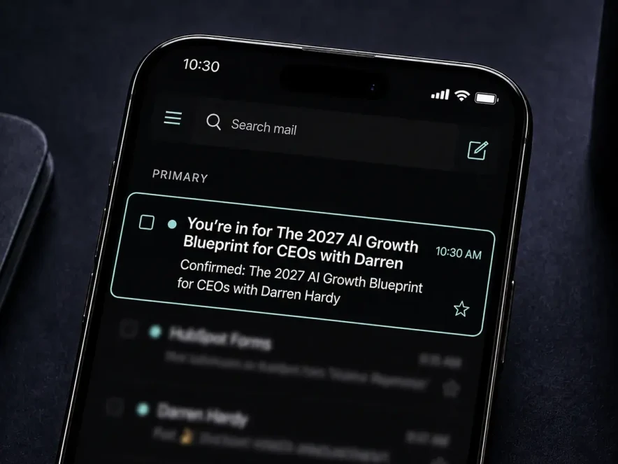 Phone inbox showing the confirmation email for the 2027 AI Growth Blueprint for CEOs with Darren Hardy, starred in the primary inbox