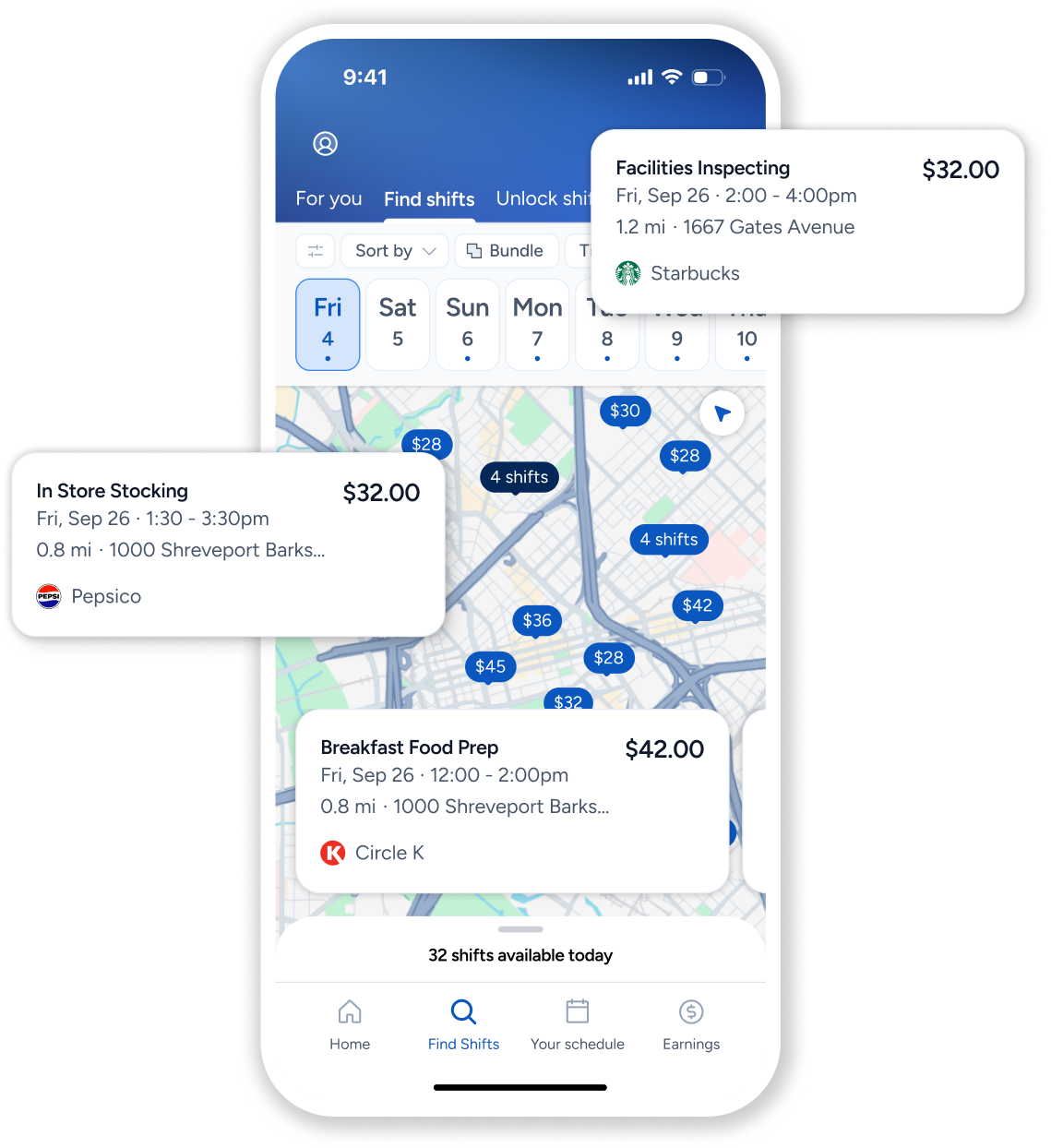 Mobile app screen showing a map with available job shifts and details for facilities, stocking, and food prep.