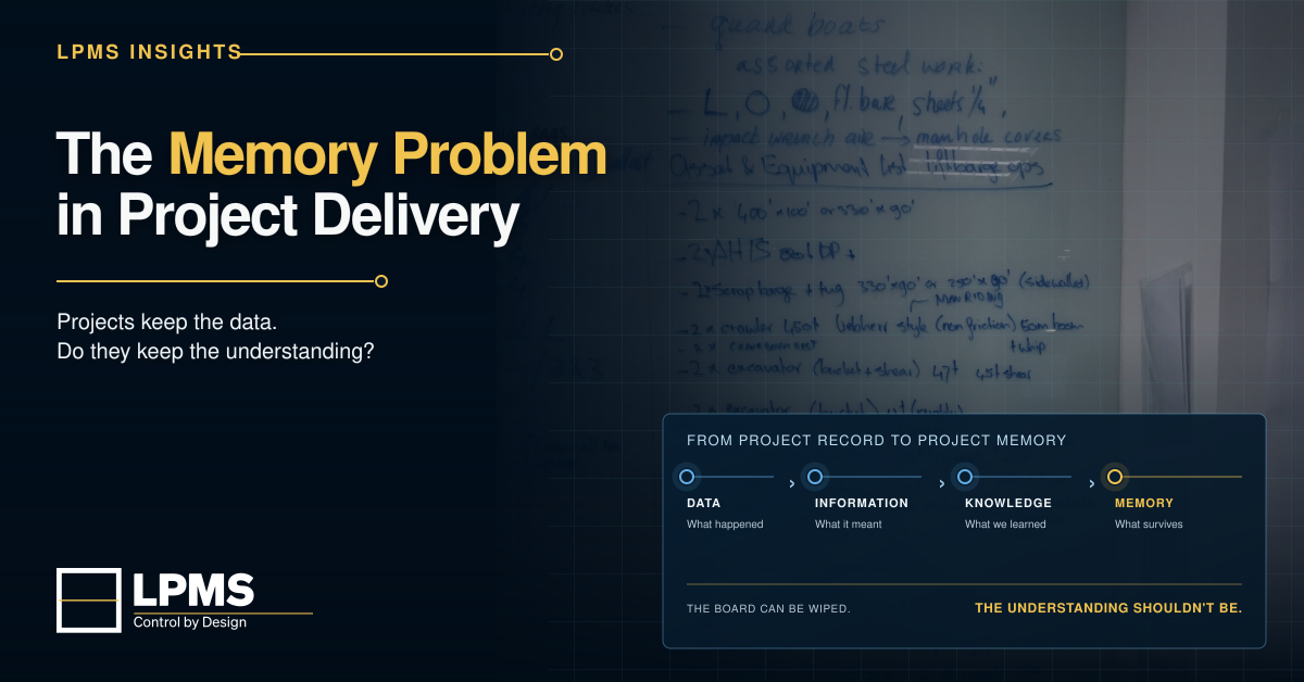 LPMS Insights cover for “The Memory Problem in Project Delivery,” showing handwritten project notes in the background and a visual progression from data to information, knowledge, and memory.