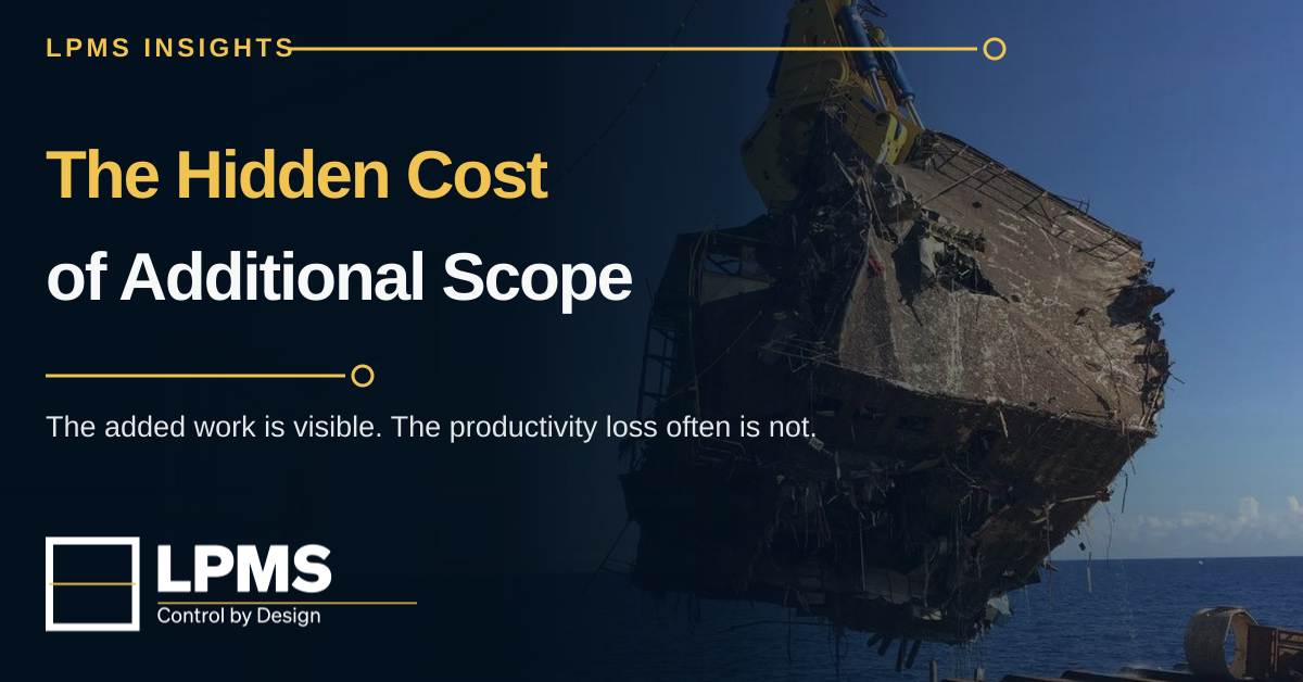 LPMS Insights feature artwork for The Hidden Cost of Additional Scope, over a yellow grab lifting a large wreckage section during an offshore operation.