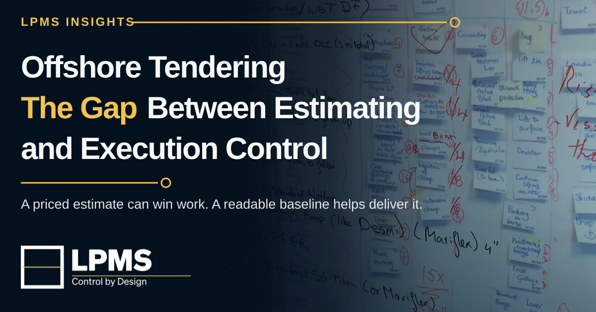 LPMS Insights feature artwork for Offshore Tendering: The Gap Between Estimating and Execution Control, over a project planning workflow board with sticky notes.