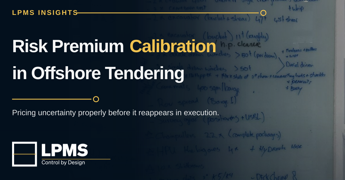 LPMS Insights feature artwork for Risk Premium Calibration in Offshore Tendering, over a handwritten project equipment list on a glass board.