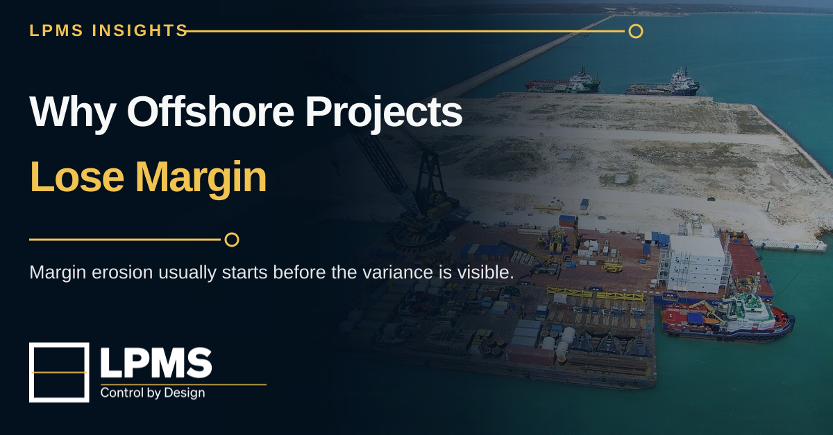 LPMS Insights feature artwork for Why Offshore Projects Lose Margin, over an aerial Seybaplaya mobilization scene with offshore assets and marine logistics activity.