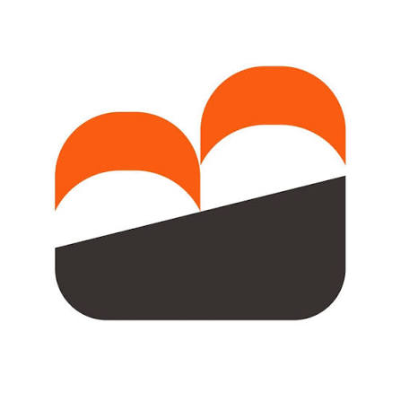 Abstract logo with two shapes: orange rounded tops and black triangular bases.