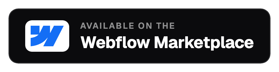 Button with Webflow logo and text 'Available on the Webflow Marketplace'.