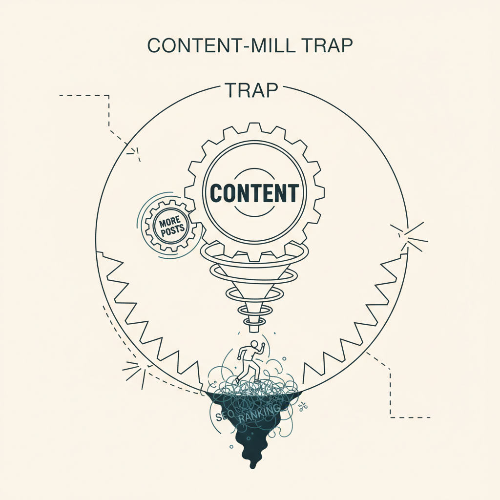 3D render illustrating why publishing more blog posts is killing your seo the content-mill trap with overlapping thin pages crowding a central authoritative pillar