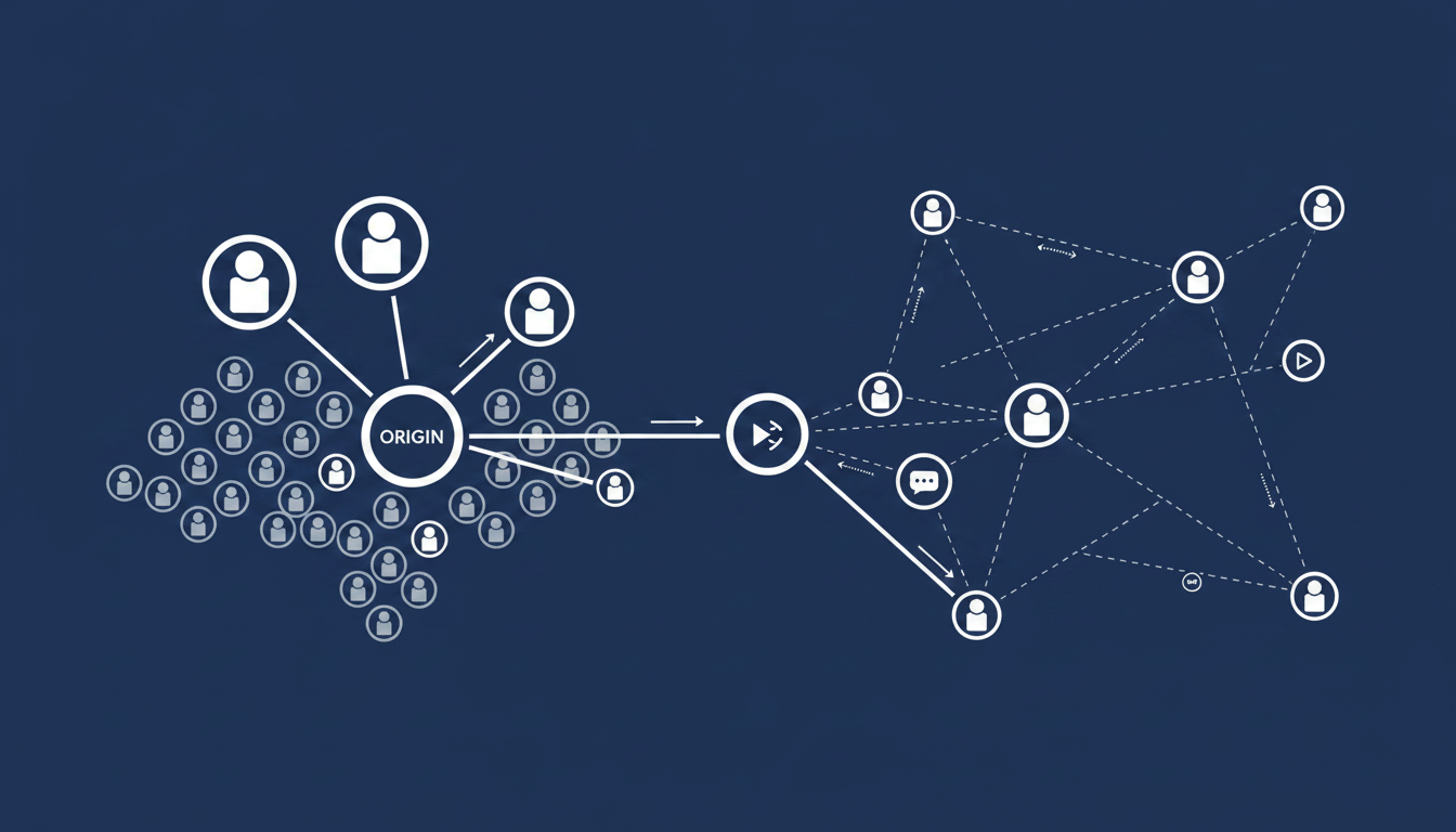 Abstract 3D render illustrating Syndication and Content Distribution Methods with a central canonical source and linked duplicated nodes