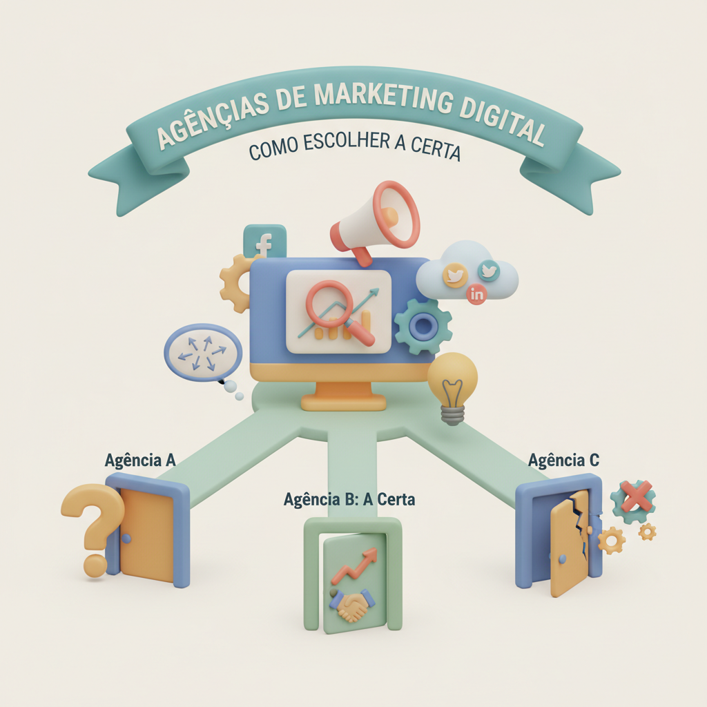 Ilustração conceitual 3D minimalista mostrando seleção entre tipos de agências marketing digital