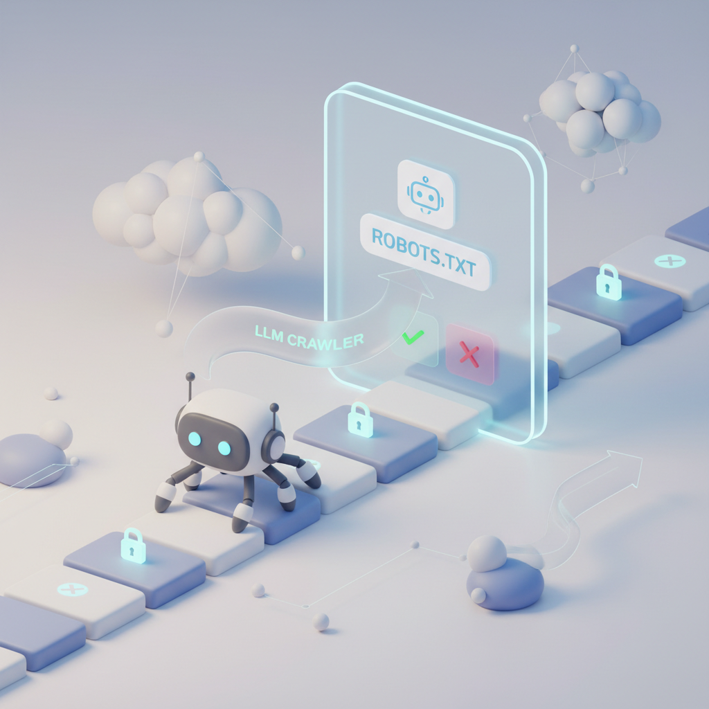 3D render illustrating llm crawler access and robots txt for ai search with allow and block checkpoints