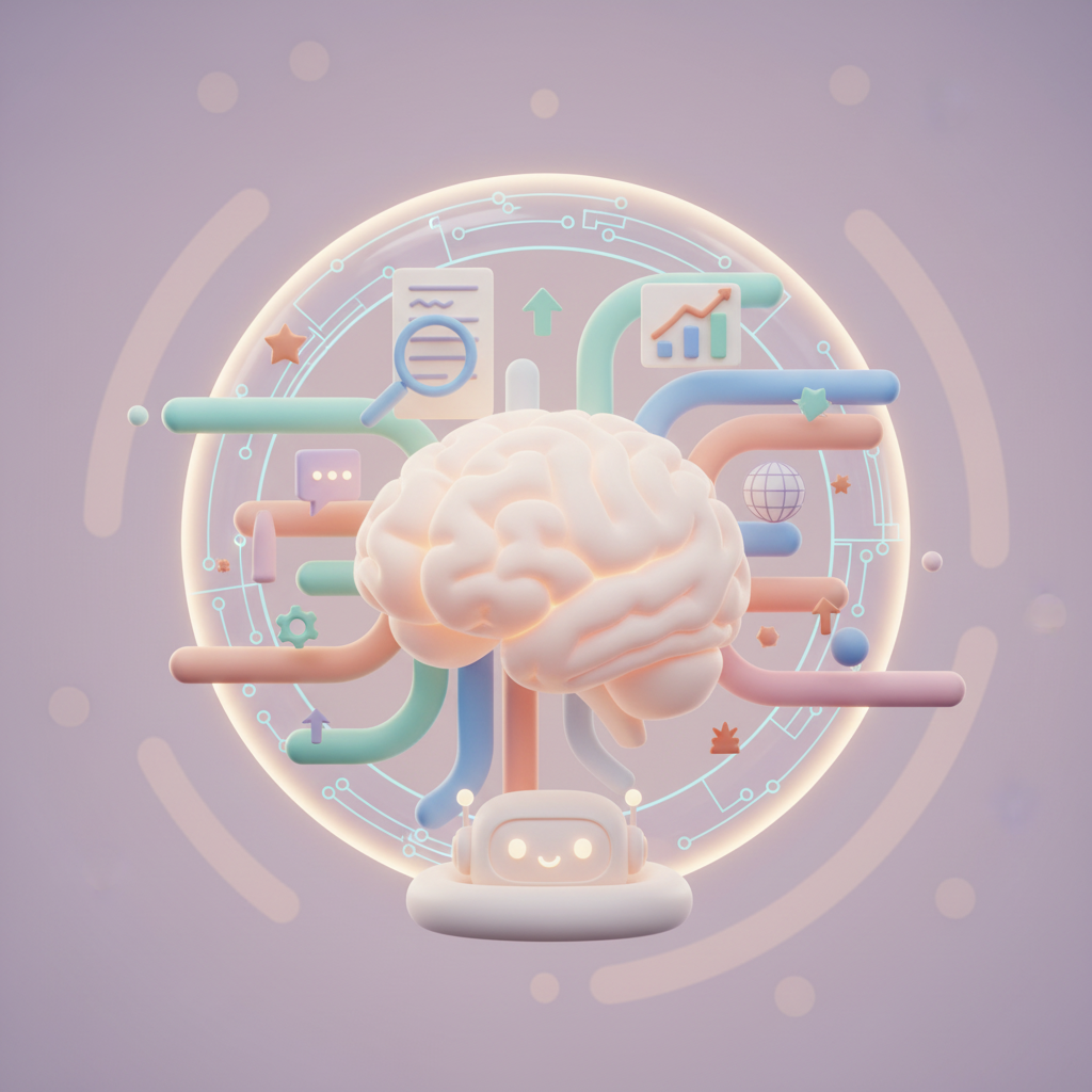 A white, stylized human brain is surrounded by interconnected, colorful lines and shapes, including icons representing communication, data analysis, global positioning, and technology. A small, smiling robot-like figure sits at the base of the brain.