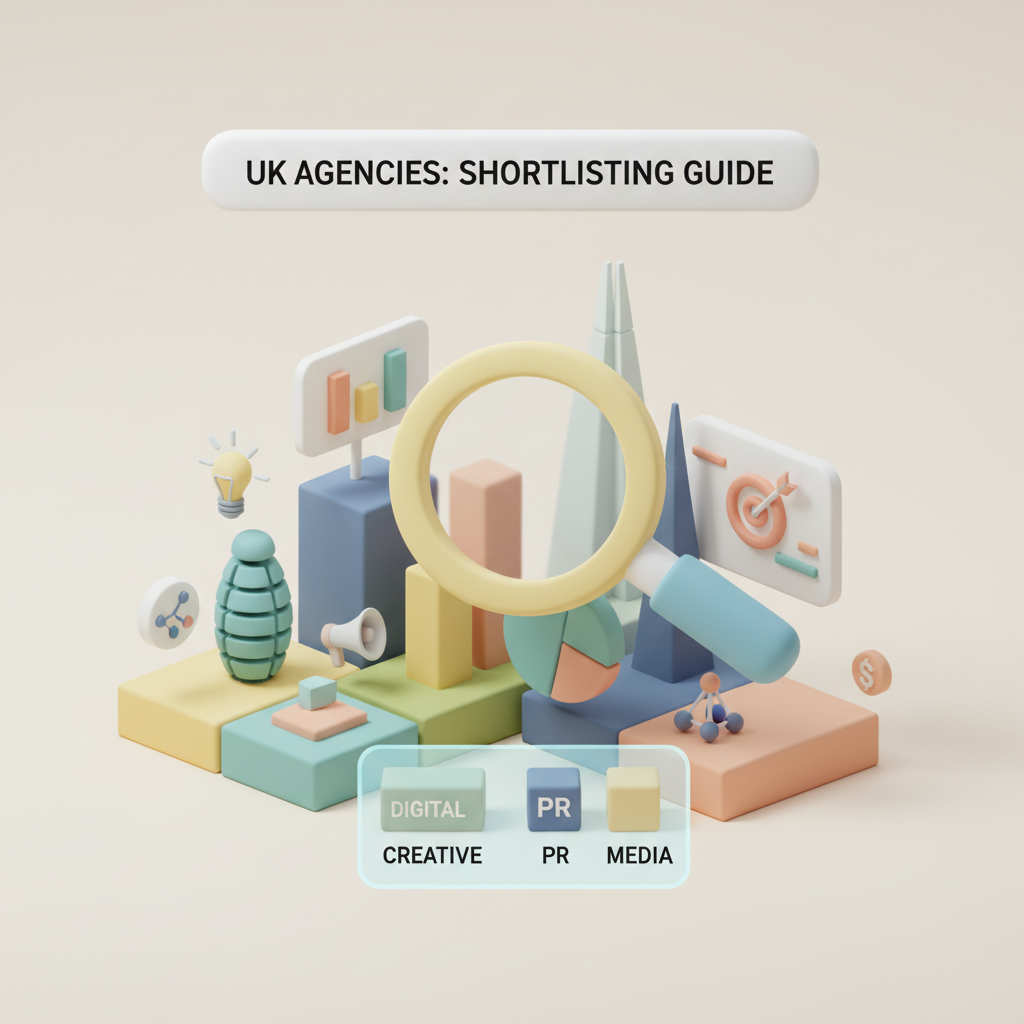 Illustrated map concept representing advertising agencies in United Kingdom organized by four agency types