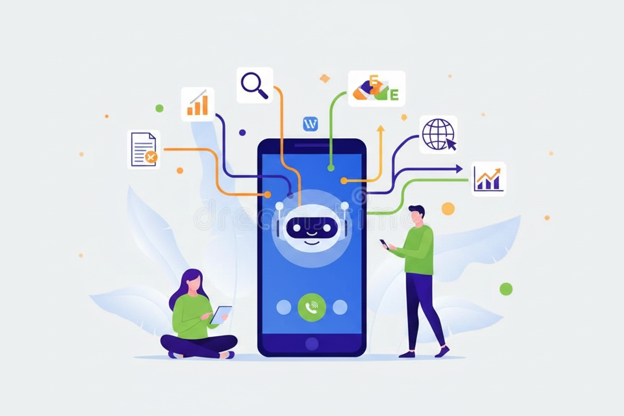 A smartphone displays a smiling robot interface connected to various app icons, including charts, graphs, a globe, and a world map. Two individuals interact with the smartphone, one using a tablet and the other using a smartphone.