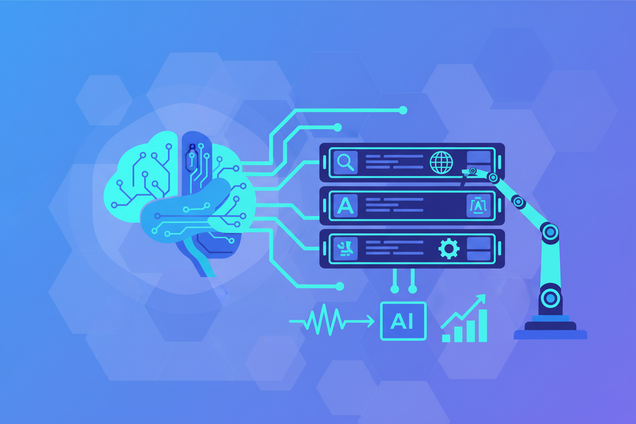 A stylized brain with circuit board connections is connected to a robotic arm holding three servers labeled "A", "B", and "C".  A graph, waveform, and AI icon are also present.