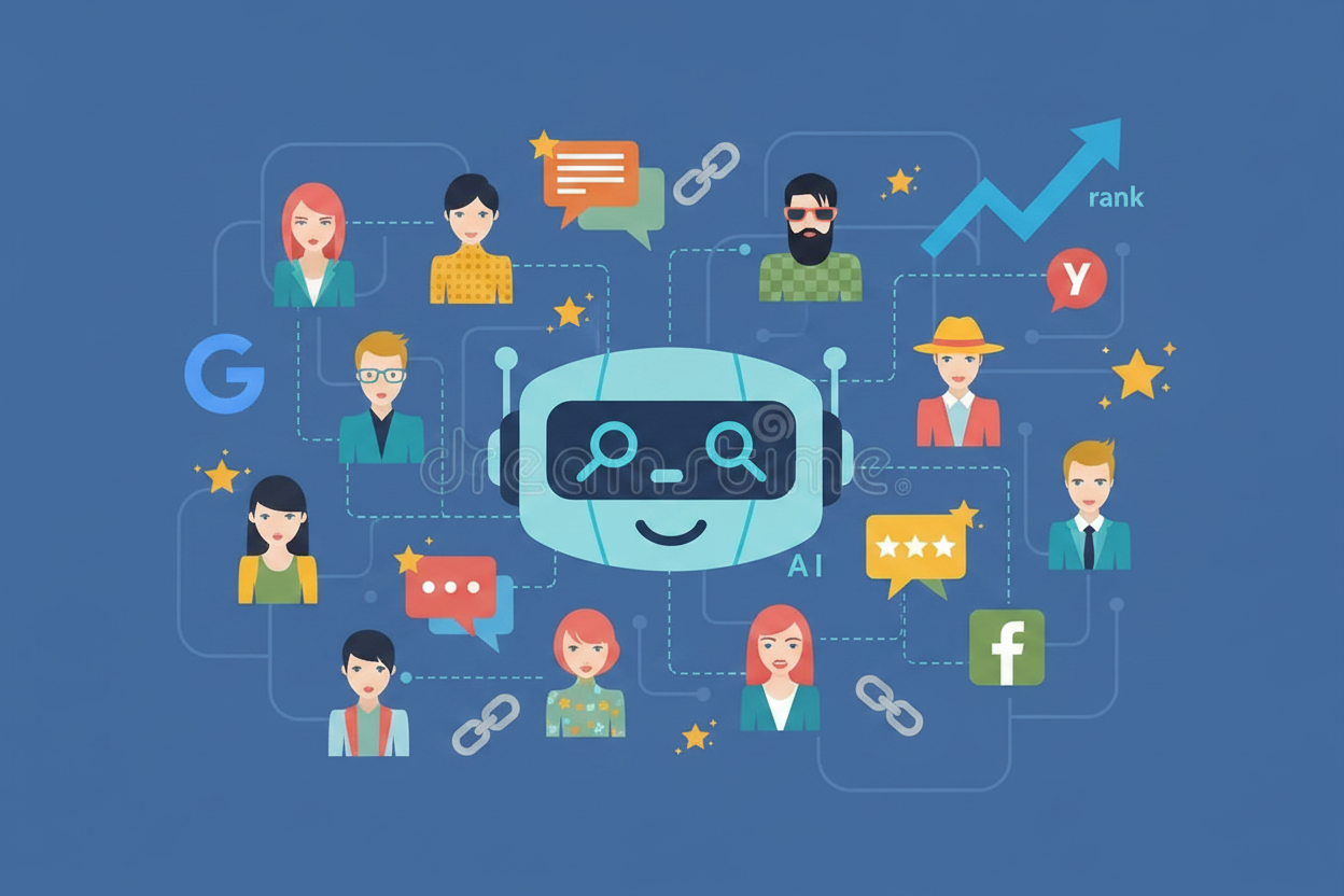 A light blue robot head with facial features and speech bubbles is surrounded by various icons representing people and social media platforms (Google, Facebook, Twitter, LinkedIn, Youtube, Google+), connected by lines and chains, with a "rank" indicator and an upward-trending line graph.