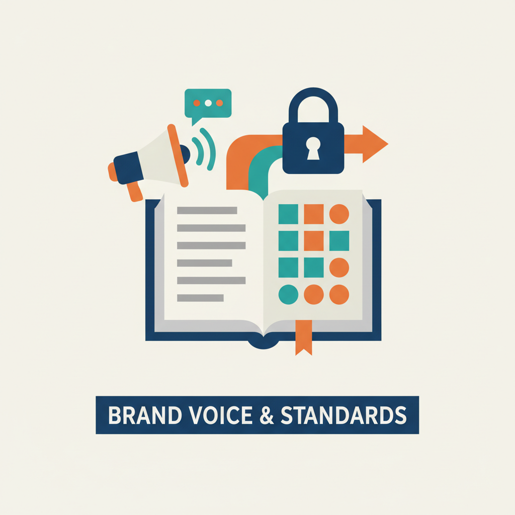 3D row of identical speaker forms illustrating Brand Voice Consistency and Content Standards with shared core and subtle tone variations