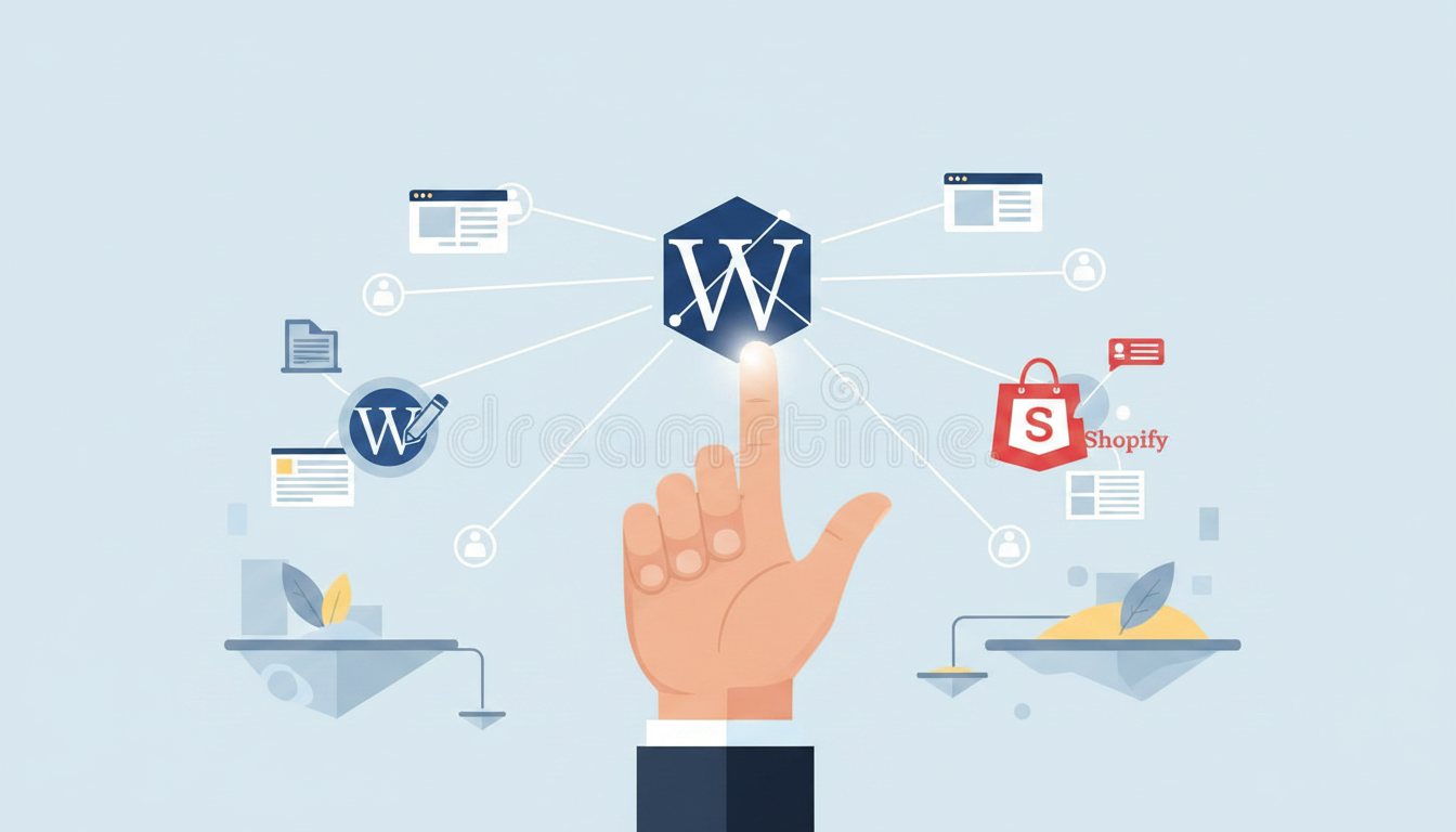 Abstract 3D blocks visualizing CMS Integration and Management (Webflow, WordPress, Shopify) as interconnected platforms