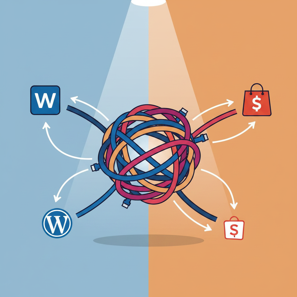 A tangled network of multicolored cables connects the logos of WordPress and Shopify, symbolizing interconnectedness and data flow.