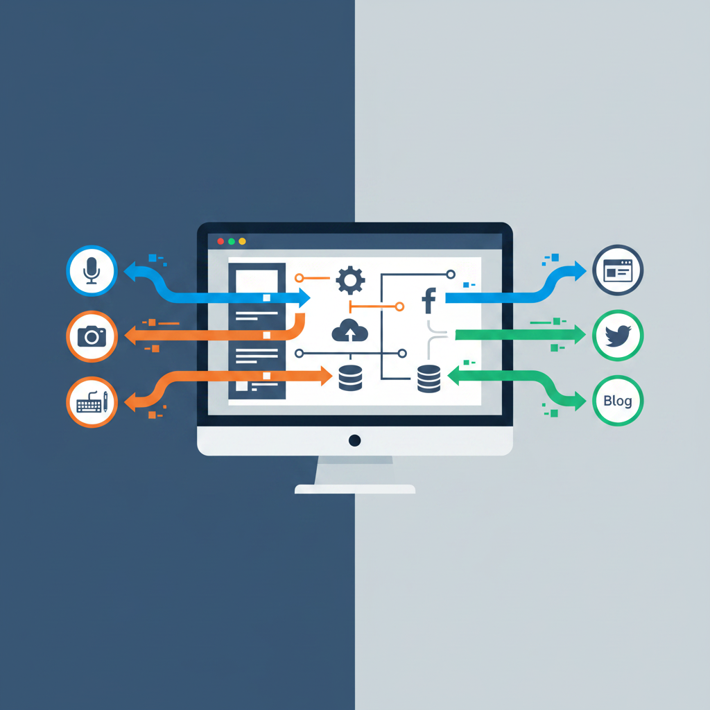 3D render of modular blocks illustrating Content Automation and Workflow Integration pipeline from research to publishing