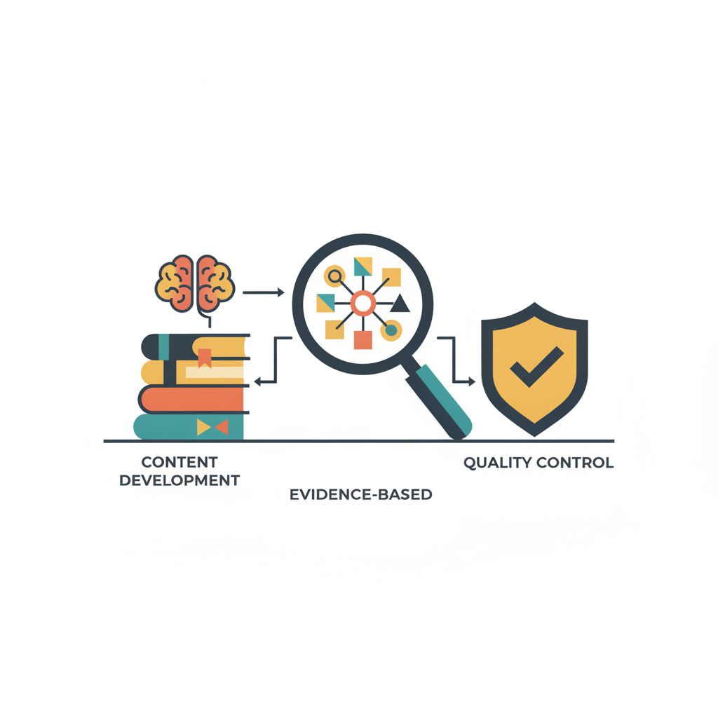 The image illustrates the process of content development, evidence-based analysis, and quality control. A stack of books is connected to a brain icon, suggesting the integration of cognitive processes with digital content creation. A magnifying glass reveals a network or web of interconnected elemen