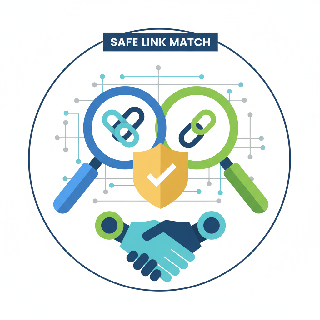 Minimal 3D render of three interlocked rings illustrating Link-Building Partnerships and Matchmaking in a safe triangular structure