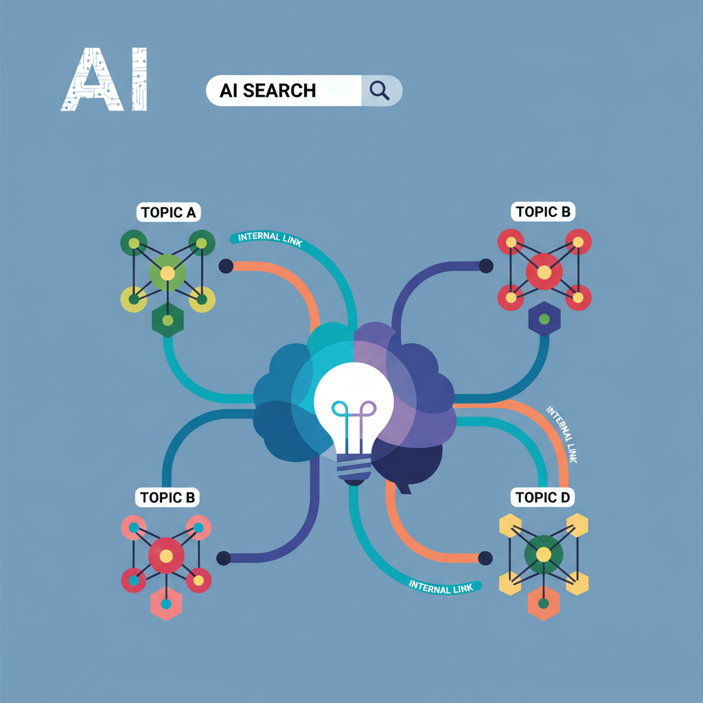 3D illustration showing internal linking and topical clustering with central pillar connected to surrounding cluster pages