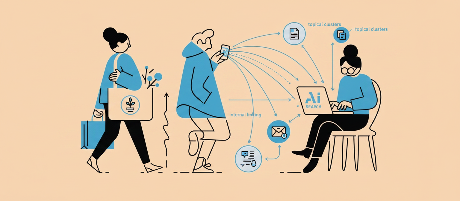An illustration depicts an AI search process involving topical clusters, internal linking, and external data input from individuals interacting with AI applications.