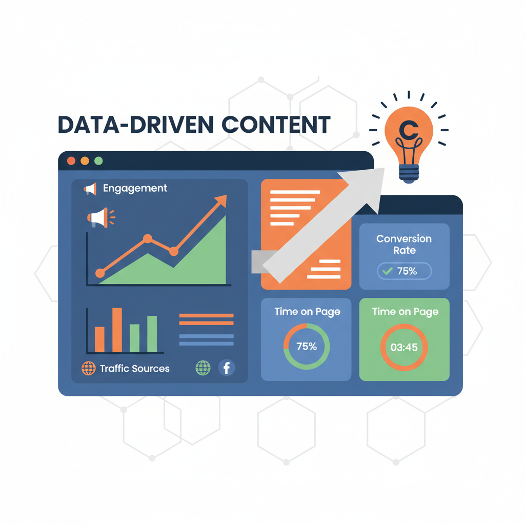 Minimal 3D illustration of layered dashboard tiles visualizing Metrics, Dashboards, and Data-Driven Content Improvement
