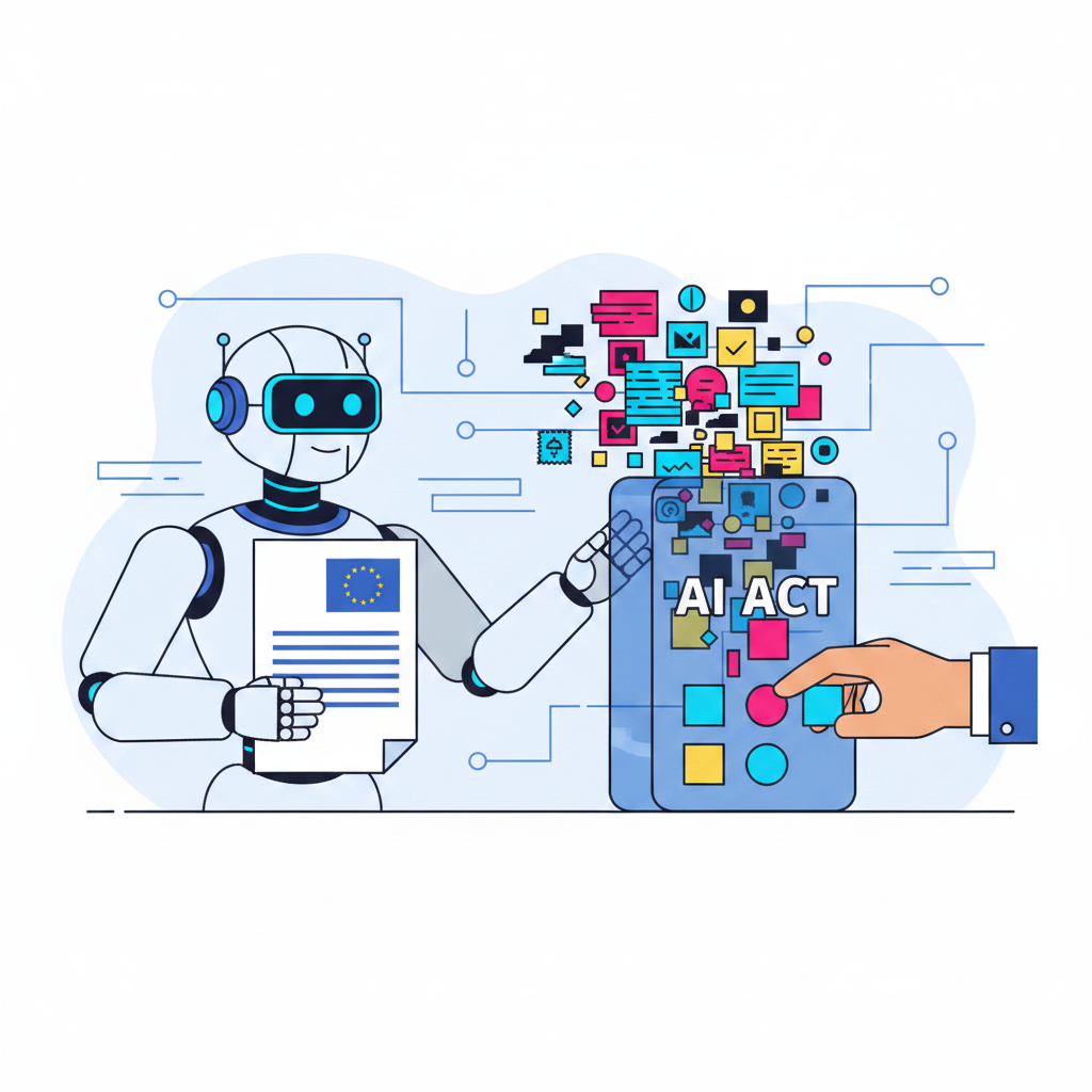 Clean 3D render illustrating the eu's new laws on ai content are slop laws showing content blocks stamped with disclosure labels and watermarks